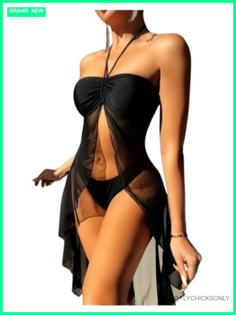 Women's 3 Piece Halter Smocked Swimsuit High Cut Bikini Set with Mesh Skirt